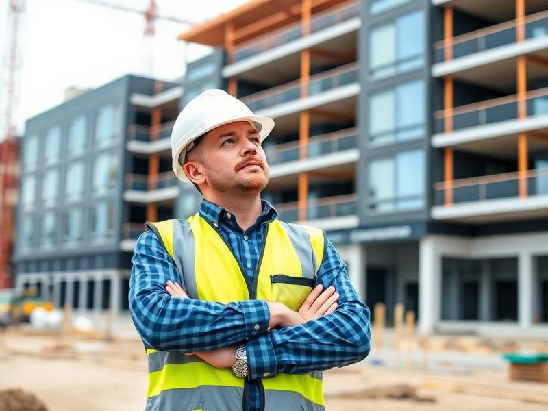 Profissional com capacete em frente a uma edificação em construção