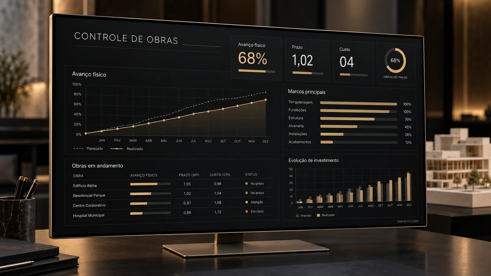 Imagem conceitual de monitor com dashboard de engenharia em preto e champanhe, com gráficos e indicadores fictícios